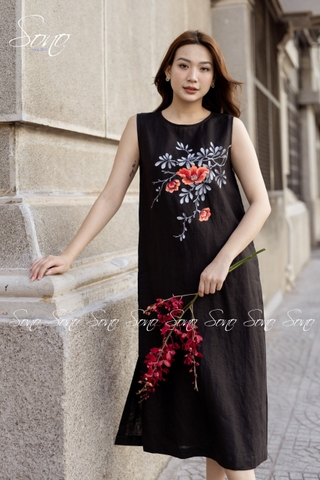 SONO - Đầm dài linen nút bên vẽ hoa