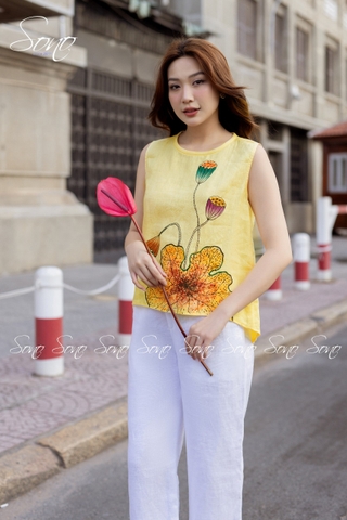 SONO - Áo linen sát nách vẽ lá sen
