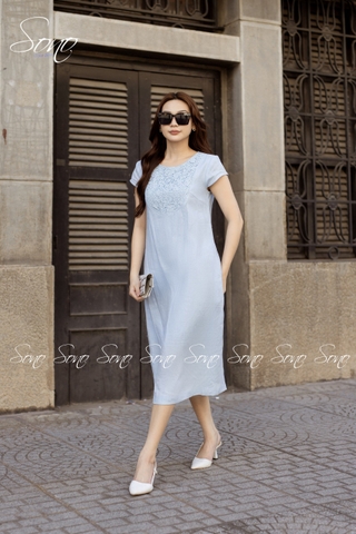 SONO - Đầm linen tay con phối ren ngực