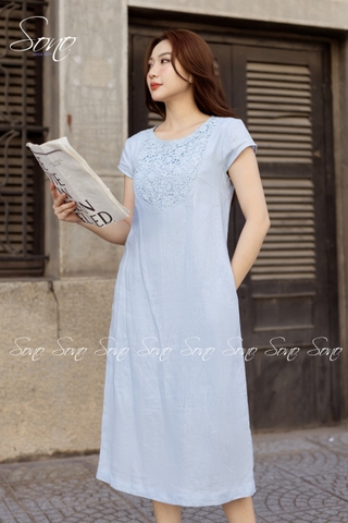 SONO - Đầm linen tay con phối ren ngực
