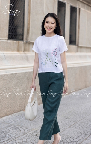 SONO - Áo linen viền ren cổ thêu cây cỏ