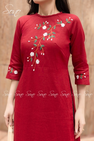 SONO - Áo dài linen cổ đan tay thêu cành lá