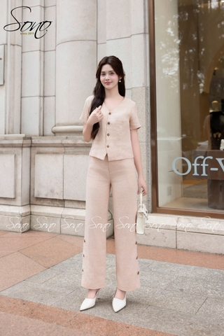 SONO - Bộ dài linen dáng ghi lê có tay