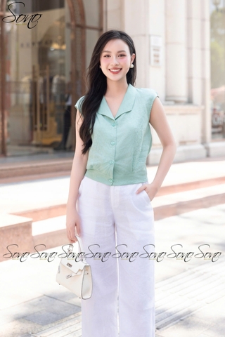 SONO - Áo linen cổ bẻ nút nhựa