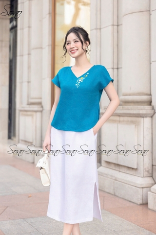 SONO - Áo linen tay dơi cổ tim thêu