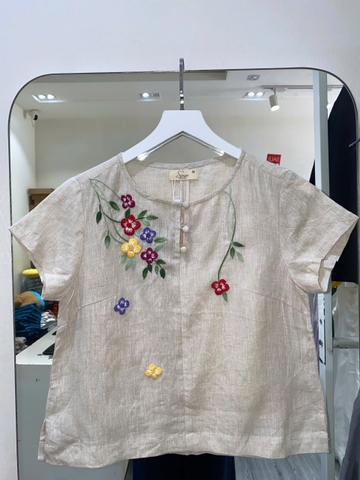SONO - Áo linen nút bọc thêu hoa đỗ