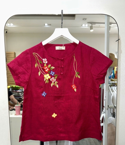 SONO - Áo linen nút bọc thêu hoa đỗ