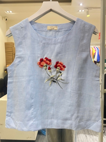SONO - Áo linen sát nách thêu hoa cẩm chướng