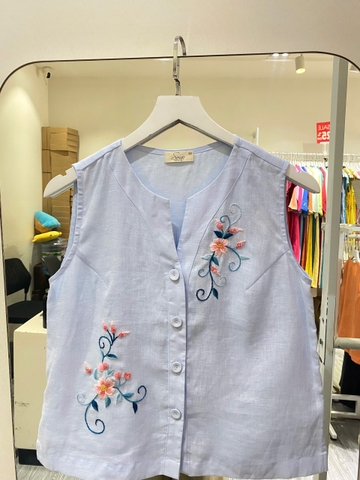 SONO - Áo linen sát nách cổ trụ V thêu đối xứng