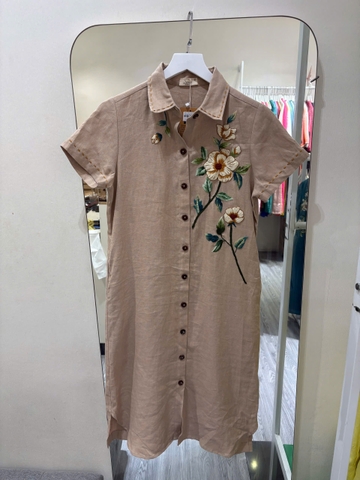 SONO - Đầm sơ mi tay ngắn linen thêu hoa