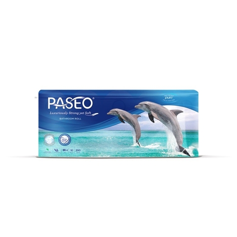 Giấy vệ sinh Paseo Dolphin cá heo cao cấp 4 lớp, không kích ứng da tay - Combo 10 cuộn (1 xách)