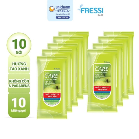Khăn ướt Fressi Care 10 tờ/gói hương táo cho làn da luôn mềm mại - Combo 10 gói