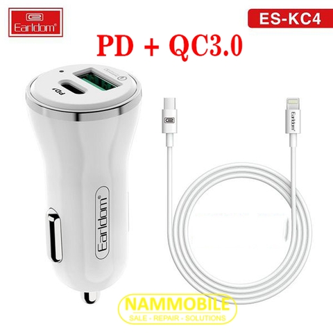 Cóc Sạc Nhanh Xe Hơi 18W PD Type C + QC3.0 Tặng Cáp Sạc Iphone 11 Earldom ES-KC4 Bảo Hành 12 Tháng Chính Hãng