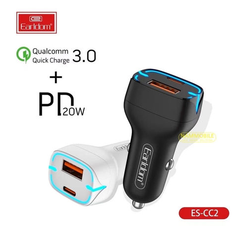 Cóc Tẩu Sạc Nhanh Xe Hơi 20W PD Type C + QC3.0 Earldom ES-CC2 Bảo Hành 12 Tháng Chính Hãng