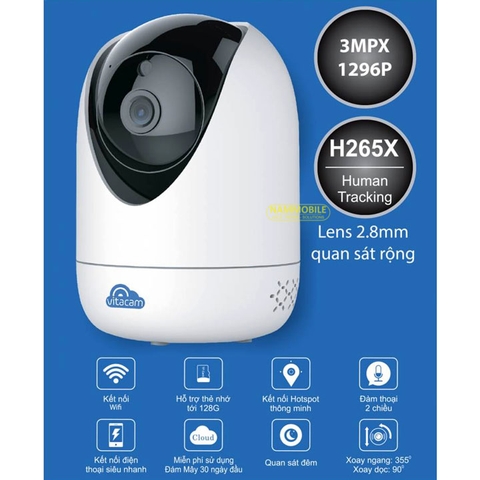 Camera Wifi 3Mpx 2K VITACAM C1290C Ultra HD góc siêu rộng, quan sát ban đêm, xoay 360 độ, đàm thoại hai chiều, human tracking
