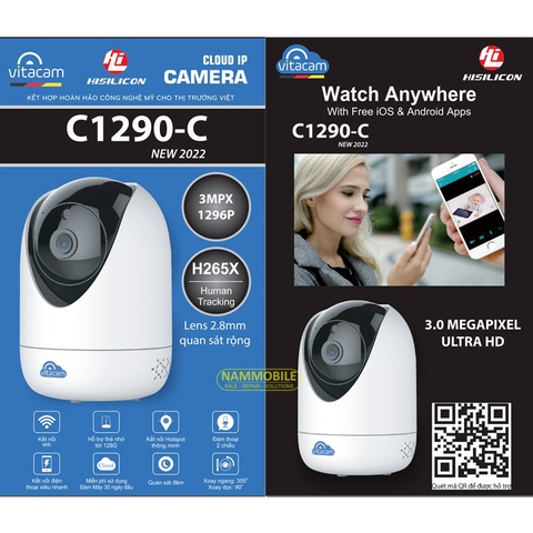 Camera Wifi 3Mpx 2K VITACAM C1290C Ultra HD góc siêu rộng, quan sát ban đêm, xoay 360 độ, đàm thoại hai chiều, human tracking