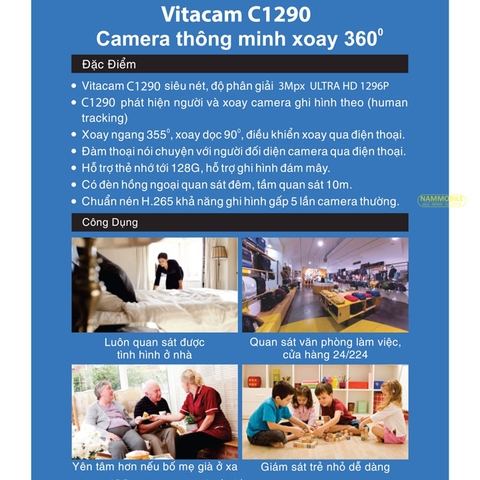 Camera Wifi 3Mpx 2K VITACAM C1290C Ultra HD góc siêu rộng, quan sát ban đêm, xoay 360 độ, đàm thoại hai chiều, human tracking