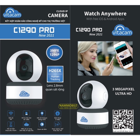 Camera Wifi 3Mpx Ultra HD VITACAM C1290 Pro 2022 góc siêu rộng, quan sát ban đêm, xoay 360 độ, đàm thoại hai chiều, human tracking