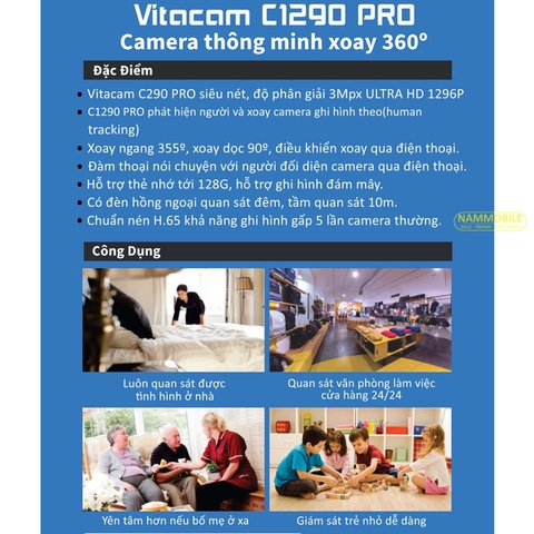 Camera Wifi 3Mpx Ultra HD VITACAM C1290 Pro 2022 góc siêu rộng, quan sát ban đêm, xoay 360 độ, đàm thoại hai chiều, human tracking