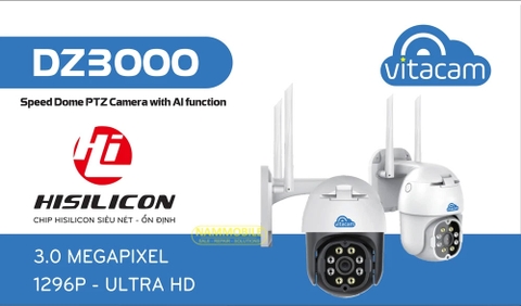 Camera Wifi IP ngoài trời 3.0 Mpx 1296P ULTRA HD VITACAM DZ3000 PTZ xoay 355 độ, đàm thoại hai chiều, human tracking, hình ảnh siêu nét
