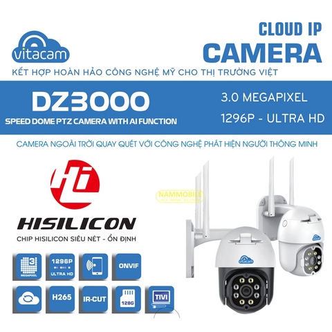 Camera Wifi IP ngoài trời 3.0 Mpx 1296P ULTRA HD VITACAM DZ3000 PTZ xoay 355 độ, đàm thoại hai chiều, human tracking, hình ảnh siêu nét