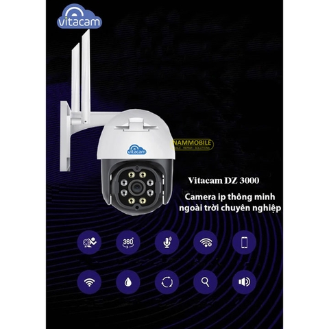 Camera Wifi IP ngoài trời 3.0 Mpx 1296P ULTRA HD VITACAM DZ3000 PTZ xoay 355 độ, đàm thoại hai chiều, human tracking, hình ảnh siêu nét