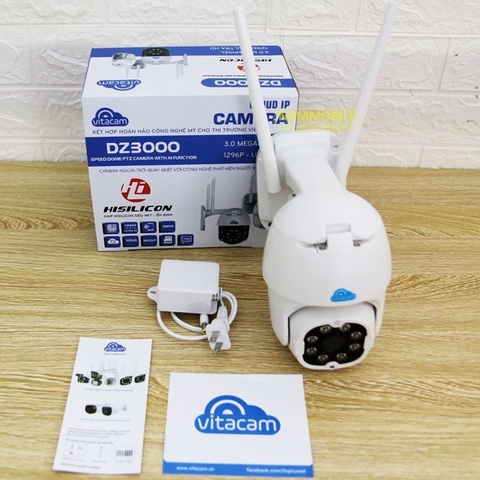 Camera Wifi IP ngoài trời 3.0 Mpx 1296P ULTRA HD VITACAM DZ3000 PTZ xoay 355 độ, đàm thoại hai chiều, human tracking, hình ảnh siêu nét