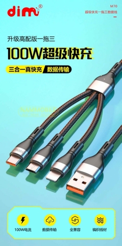 Cáp Sạc Siêu Nhanh 100W 3 Đầu Lightning - Type C - Micro Dimi M70
