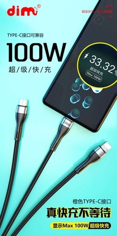 Cáp Sạc Siêu Nhanh 100W 3 Đầu Lightning - Type C - Micro Dimi M70