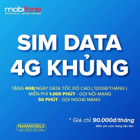 Sim 4g Mobifone 4Gb/ngày 120Gb/tháng + 50 phút ngoại mạng + 1000 phút nội mạng + tháng đầu miễn phí