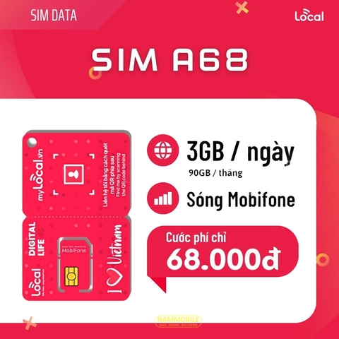 Sim 4G Mobifone Local 3Gb/ngày (90Gb/tháng) Tháng Đầu Miễn Phí A68 chỉ 68k/tháng
