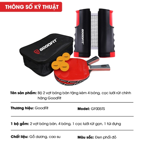 Bộ 2 vợt bóng bàn tặng kèm 4 bóng, cọc lưới rút GF005TS