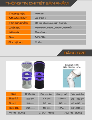 Băng bảo vệ đầu gối, bó gối thể thao có đệm silicon Aolikes AL-7721
