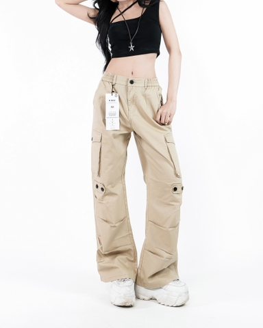 Quần Cargo Nữ Kaki Túi Hộp Ống Rộng 100% Cotton Mềm Màu Vàng Kaki | KQSTYLING WIDE