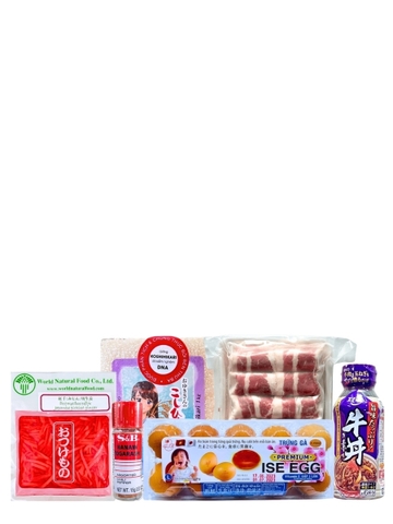Combo Cơm Bò Gyudon Đầy Đủ Có Thịt (Bò Ba Chỉ 500G + Sốt Gyudon 200ML + Gạo Nhật Oyuki San's 1KG + Gừng Đỏ 110G + Shichimi 15G + Trứng Gà)