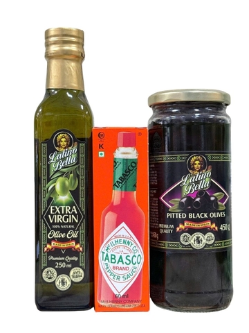 Combo Gia Vị Ăn Kèm Pizza Pasta (Tabasco đỏ 60ML + Dầu Olive Extra Virgin 250ML + Oliu Đen Ngâm Muối 450G)