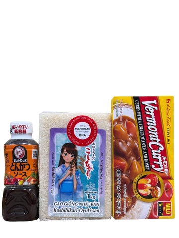 Combo Nguyên Liệu Làm Cơm Cà Ri Katsu Nhật 3 Món (Vermont mặn ngọt + Gạo 1KG + sốt tonkatsu)