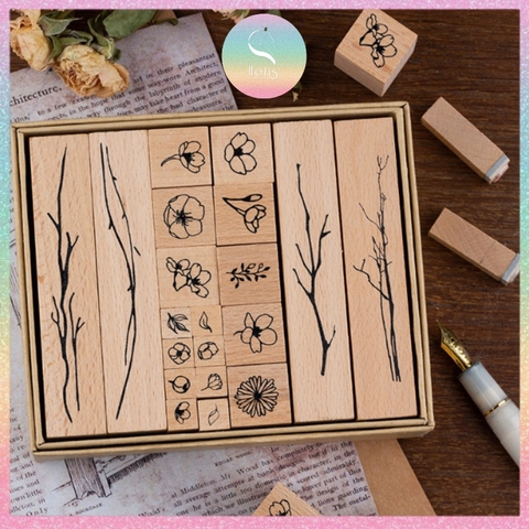 [HOTIS] Bộ 20 con dấu gỗ kết hợp hoa lá cành - Combination Seal