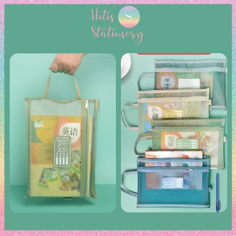 [HOTIS] Túi lưới đựng tài liệu khổ A4 màu Morandi, xuyên thấu, có khóa kéo, siêu tiện lợi