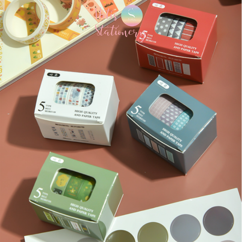 [HOTIS] Hộp 5 cuộn washi tape có hoa văn đa dạng - Rộng 1cm, Dài 2m