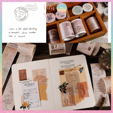 [HOTIS] Cuộn băng dán washi tape retro Âu Mỹ trang trí sổ, bullet journal - Dài 3m, Rộng 5cm
