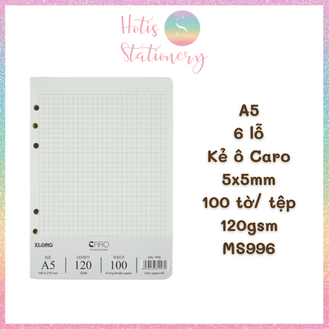 [HOTIS] Ruột sổ còng, tệp 100 tờ giấy refill binder KLong A5/B5/A4