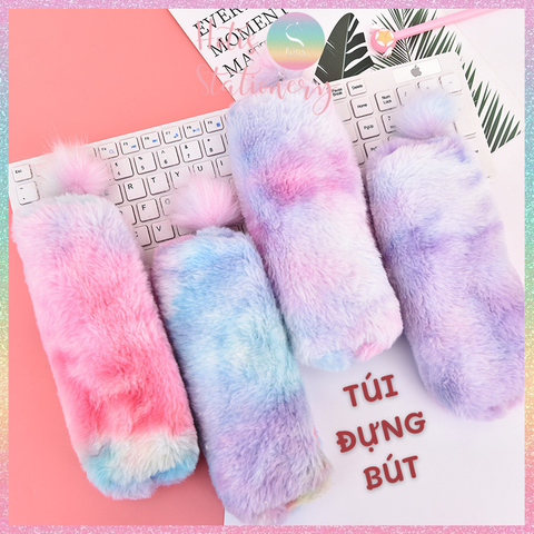 [HOTIS] Túi đựng bút phối lông mềm mượt màu trơn/ loang màu ombre