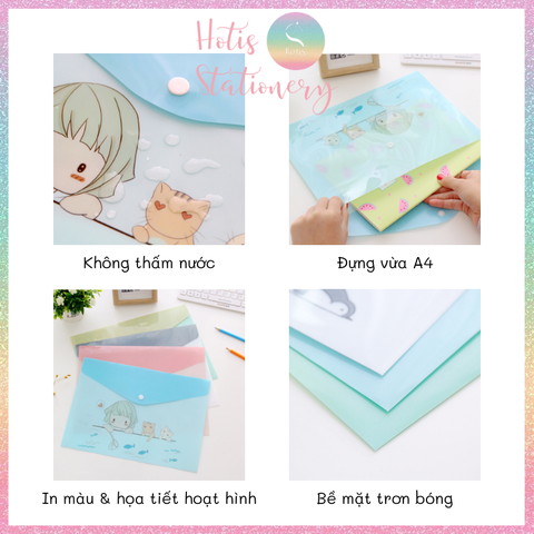 [HOTIS] Bìa nút đựng tài liệu A4 in màu họa tiết hoạt hình, sọc trơn - Nhiều mẫu