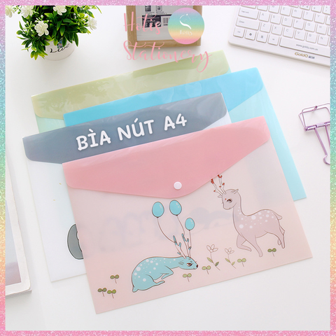 [HOTIS] Bìa nút đựng tài liệu A4 in màu họa tiết hoạt hình, sọc trơn - Nhiều mẫu