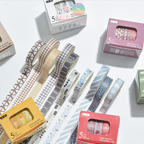 [HOTIS] Hộp 5 cuộn washi tape có hoa văn đa dạng - Rộng 1cm, Dài 2m