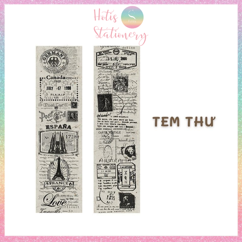 [HOTIS] Cuộn băng dán washi tape retro Âu Mỹ trang trí sổ, bullet journal - Dài 3m, Rộng 5cm