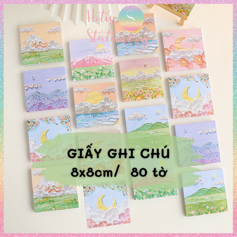 [HOTIS] [16 MẪU] Tệp 80 tờ giấy ghi chú tranh phong cảnh, giấy note hình thú đáng yêu - 8x8cm
