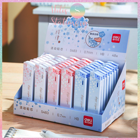 [HOTIS] Ruột bút chì bấm kim Deli ngòi 0.5/ 0.7mm HB dạng hộp bấm hoa anh đào