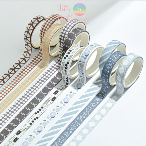 [HOTIS] Hộp 5 cuộn washi tape có hoa văn đa dạng - Rộng 1cm, Dài 2m